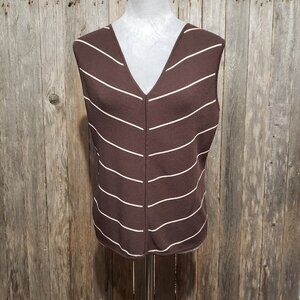 Linda Matthews XL Tank Sweater Top Brown Beige Striped Sleeveless Lightweight